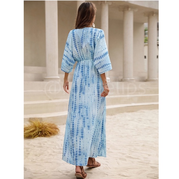 Tie Dye Blue White Maxi Dress Leg Slit Shoulder Slit Cut Out V-Neck - Picture 3 of 9